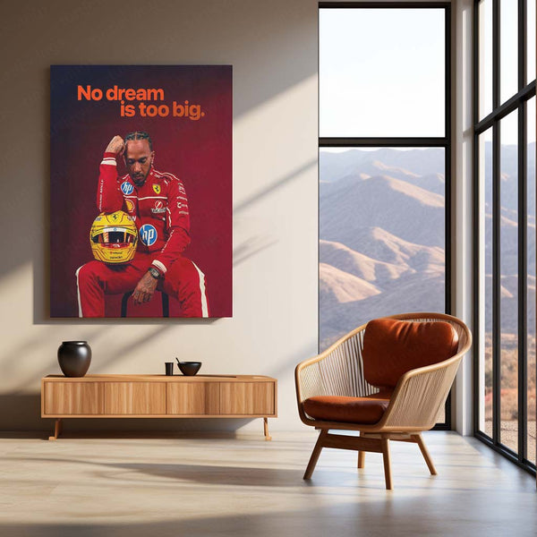 No Dream Is Too Big – Lewis Hamilton in Ferrari Suit Motivational Metal Frame | F1 Racing Wall Art - TURTLEWINGS 