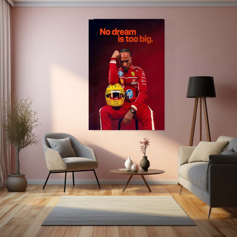 No Dream Is Too Big – Lewis Hamilton in Ferrari Suit Motivational Metal Frame | F1 Racing Wall Art - TURTLEWINGS 