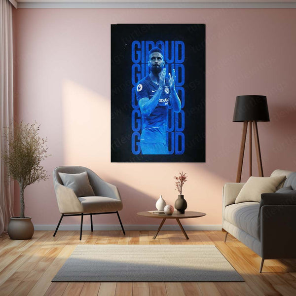 Olivier Giroud Chelsea Metal Frame – Applauding Pose in Blue | Premier League Wall Art - TURTLEWINGS 