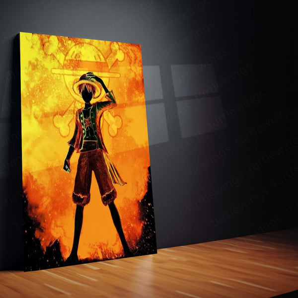 Anime Metal Frame | One Piece – Luffy Fiery Silhouette Metal Poster | Anime Wall Frame