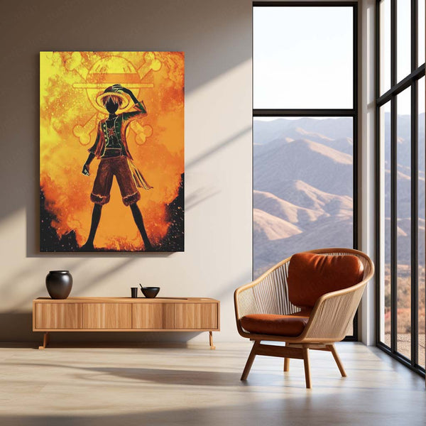 Anime Metal Frame | One Piece – Luffy Fiery Silhouette Metal Poster | Anime Wall Frame