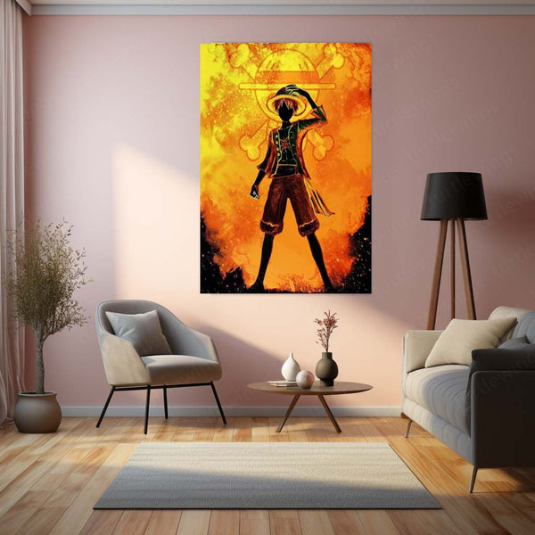 Anime Metal Frame | One Piece – Luffy Fiery Silhouette Metal Poster | Anime Wall Frame