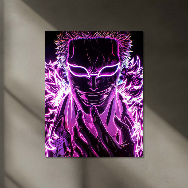 One Piece – Doflamingo Smirk Glow Neon LED Metal Poster | Anime Villain Wall Frame