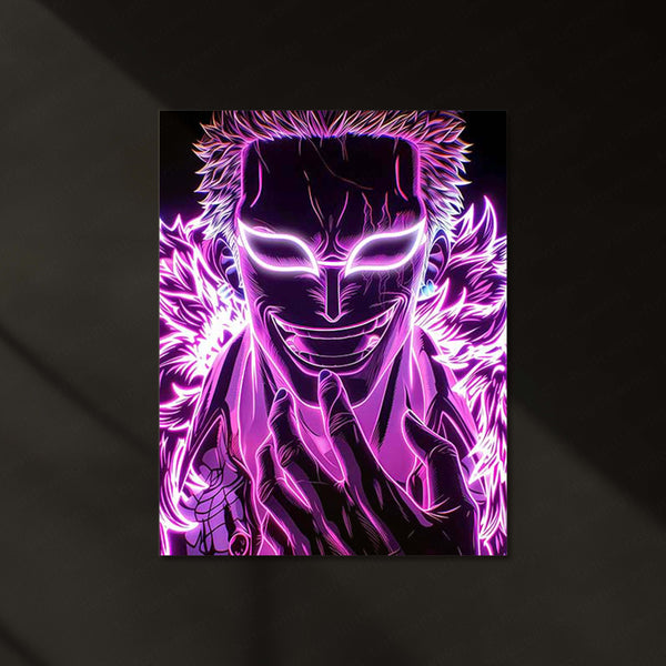 One Piece – Doflamingo Smirk Glow Neon LED Metal Poster | Anime Villain Wall Frame