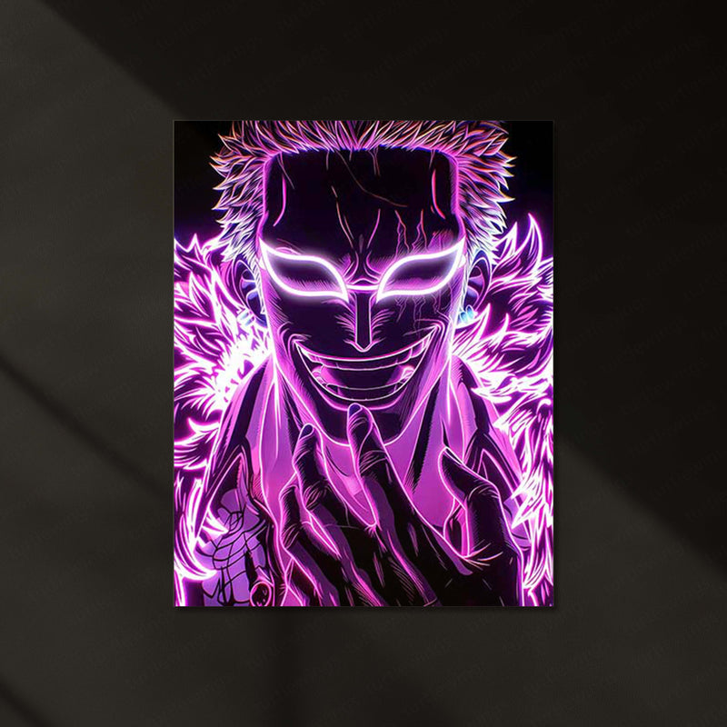 One Piece – Doflamingo Smirk Glow Neon LED Metal Poster | Anime Villain Wall Frame
