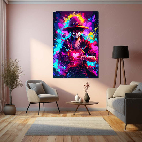 One Piece Neon Luffy – LED Glow Metal Poster | Monkey D. Luffy Anime Wall Frame