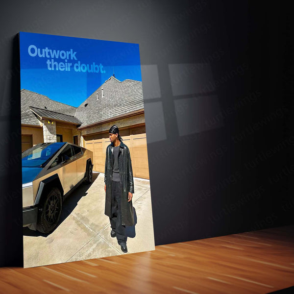 Outwork Their Doubt – Stylish Man with Tesla Cybertruck Metal Frame | Entrepreneur Mindset Wall Art - TURTLEWINGS 