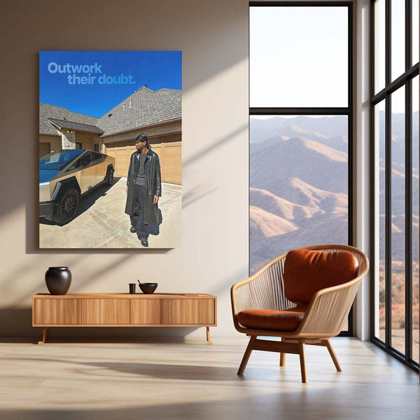 Outwork Their Doubt – Stylish Man with Tesla Cybertruck Metal Frame | Entrepreneur Mindset Wall Art - TURTLEWINGS 