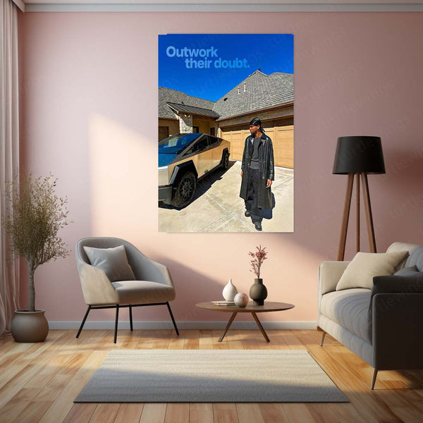 Outwork Their Doubt – Stylish Man with Tesla Cybertruck Metal Frame | Entrepreneur Mindset Wall Art - TURTLEWINGS 