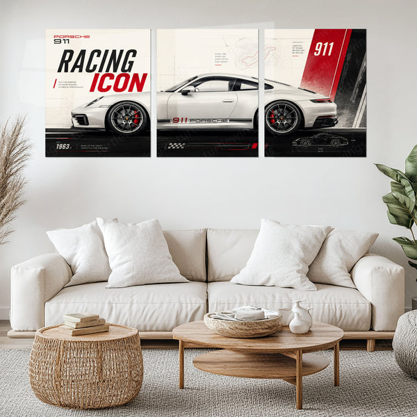 Car Metal Poster Set of 3 | Porsche 911 Racing Icon Triptych Wall Art