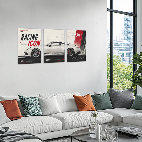 Car Metal Poster Set of 3 | Porsche 911 Racing Icon Triptych Wall Art