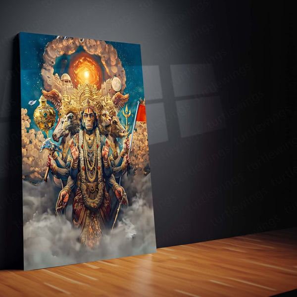 Panchamukhi Hanuman Metal Frame | Five-Faced Hanuman Wall Art | Spiritual & Protective Hindu Decor