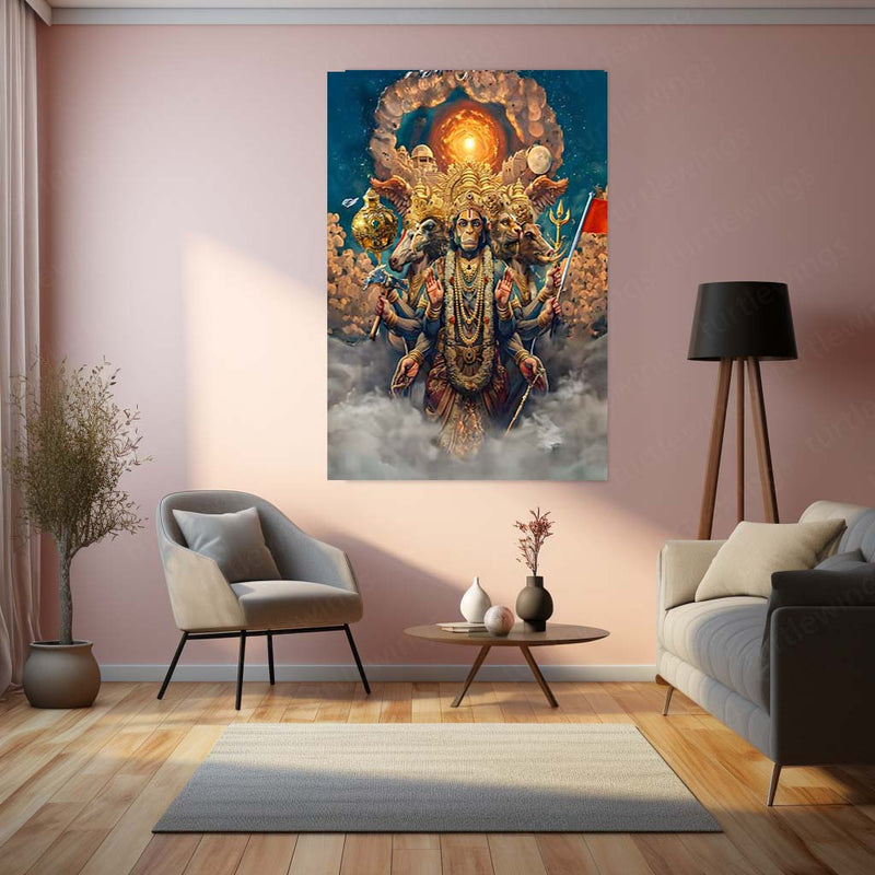 Panchamukhi Hanuman Metal Frame | Five-Faced Hanuman Wall Art | Spiritual & Protective Hindu Decor