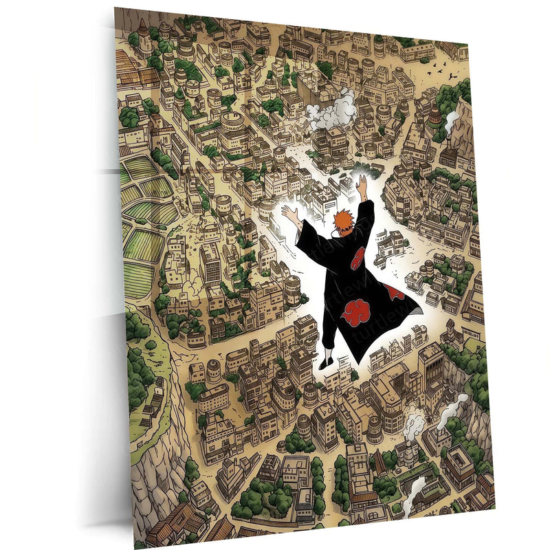 Anime Metal Poster | Pain Akatsuki Over Hidden Leaf Village Metal Poster | Naruto Shippuden Konoha Anime Wall Art | Premium