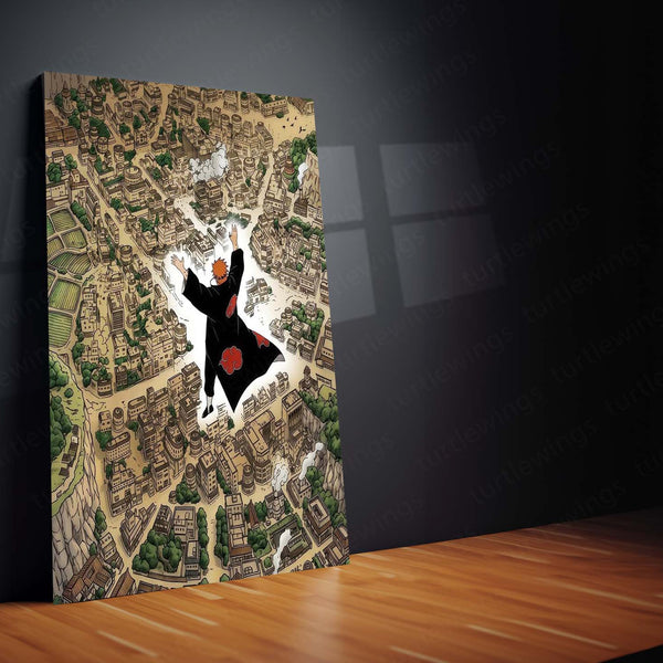 Anime Metal Poster | Pain Akatsuki Over Hidden Leaf Village Metal Poster | Naruto Shippuden Konoha Anime Wall Art | Premium