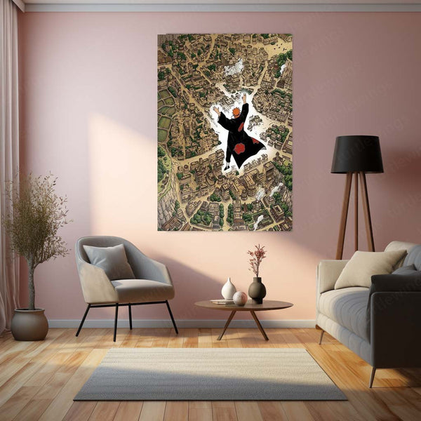 Anime Metal Poster | Pain Akatsuki Over Hidden Leaf Village Metal Poster | Naruto Shippuden Konoha Anime Wall Art | Premium