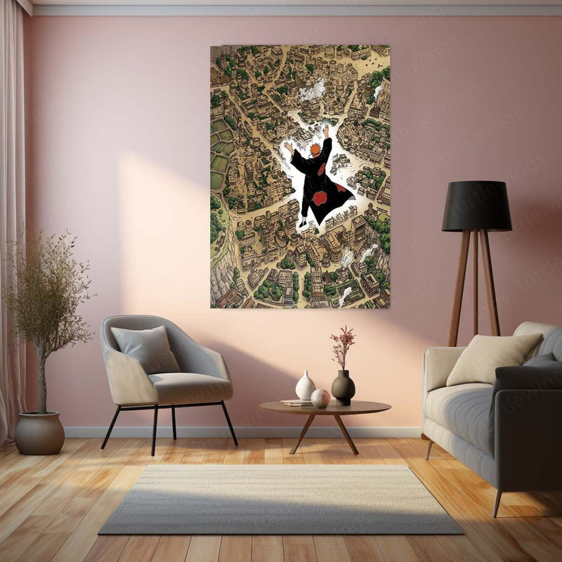 Anime Metal Poster | Pain Akatsuki Over Hidden Leaf Village Metal Poster | Naruto Shippuden Konoha Anime Wall Art | Premium