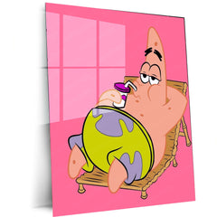 Patrick Star Relaxing with a Drink (Pink Background) Metal Frame | Chill Vibes Cartoon Wall Art - TURTLEWINGS 