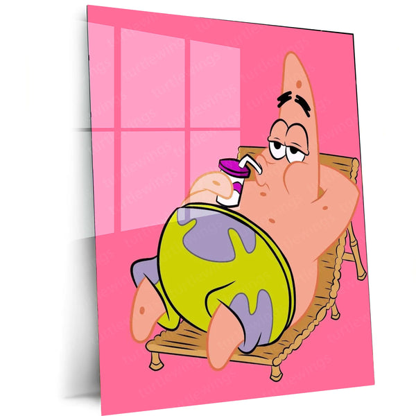 Patrick Star Relaxing with a Drink (Pink Background) Metal Frame | Chill Vibes Cartoon Wall Art - TURTLEWINGS 