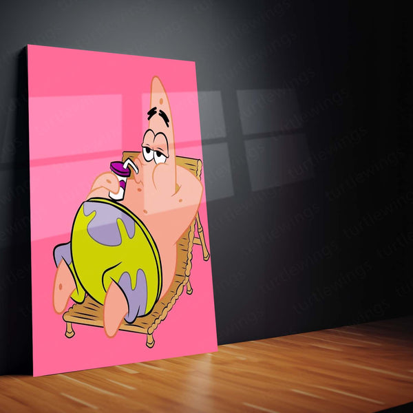 Patrick Star Relaxing with a Drink (Pink Background) Metal Frame | Chill Vibes Cartoon Wall Art - TURTLEWINGS 