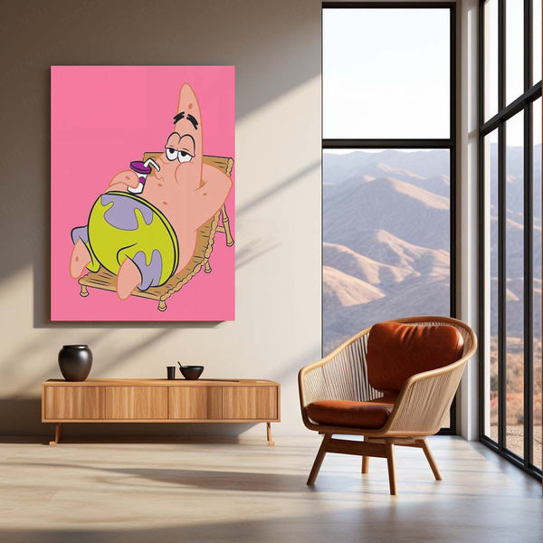 Patrick Star Relaxing with a Drink (Pink Background) Metal Frame | Chill Vibes Cartoon Wall Art - TURTLEWINGS 