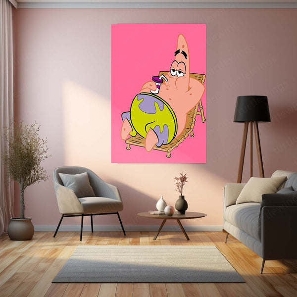 Patrick Star Relaxing with a Drink (Pink Background) Metal Frame | Chill Vibes Cartoon Wall Art - TURTLEWINGS 