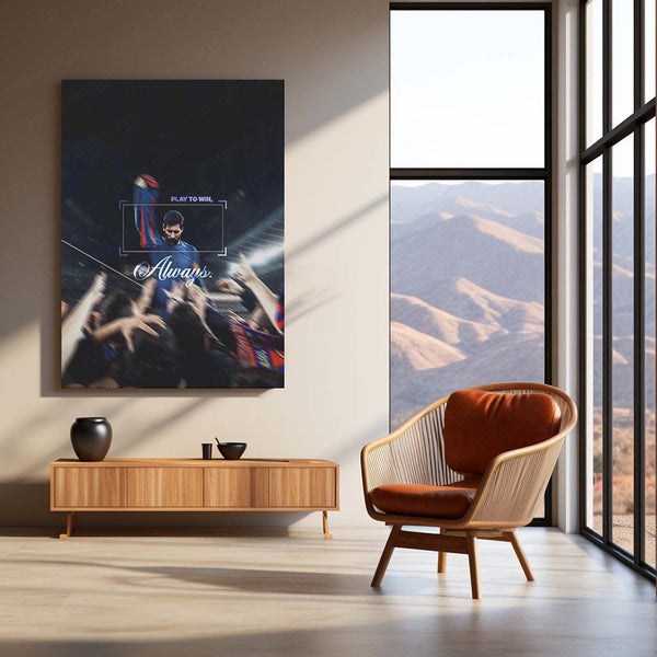 Quote Metal Poster | Lionel Messi – Play to Win, Always Metal Frame | Champion Mentality Football Wall Art | Elite Performance Quote Metal Poster