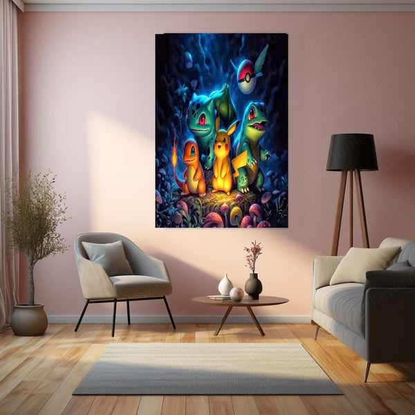Anime Metal Poster | Pokémon Starter Poster – Pikachu, Bulbasaur, Charmander & Squirtle Glow Metal Poster | Anime Wall Frame