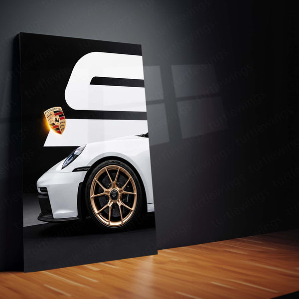 Car Metal Poster Set of 3 | Porsche 911 GT3 | White Performance Sports Car Triptych Wall Art | Premium Automotive Metal Print