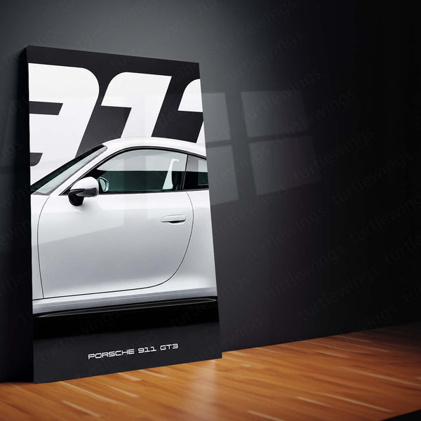Car Metal Poster Set of 3 | Porsche 911 GT3 | White Performance Sports Car Triptych Wall Art | Premium Automotive Metal Print