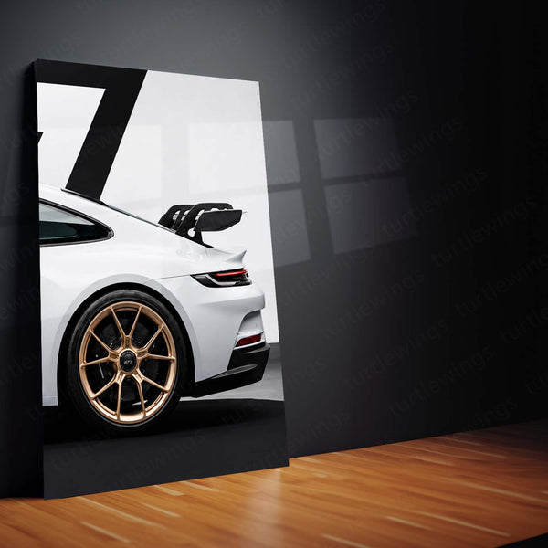 Car Metal Poster Set of 3 | Porsche 911 GT3 | White Performance Sports Car Triptych Wall Art | Premium Automotive Metal Print