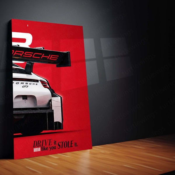 Car Metal Poster Set of 3 | Porsche 911 GT3 R | White Racing Supercar Triptych Wall Art | Premium Automotive Metal Print