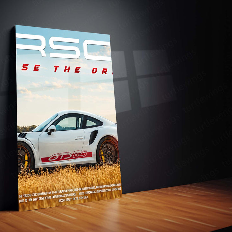 Car Metal Poster Set of 3 | Porsche 911 GT3 RS | Chase the Dream White Sports Car Triptych Wall Art | Premium Automotive Metal Print