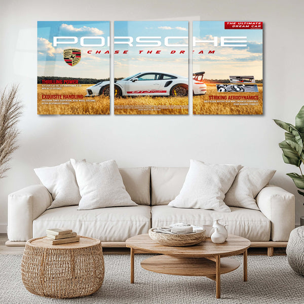 Car Metal Poster Set of 3 | Porsche 911 GT3 RS | Chase the Dream White Sports Car Triptych Wall Art | Premium Automotive Metal Print