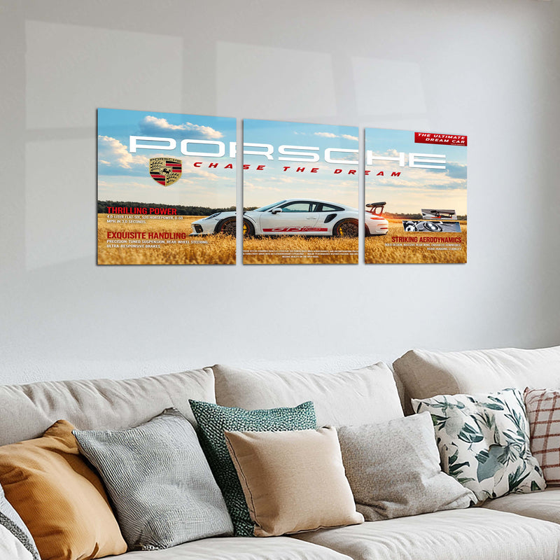 Car Metal Poster Set of 3 | Porsche 911 GT3 RS | Chase the Dream White Sports Car Triptych Wall Art | Premium Automotive Metal Print