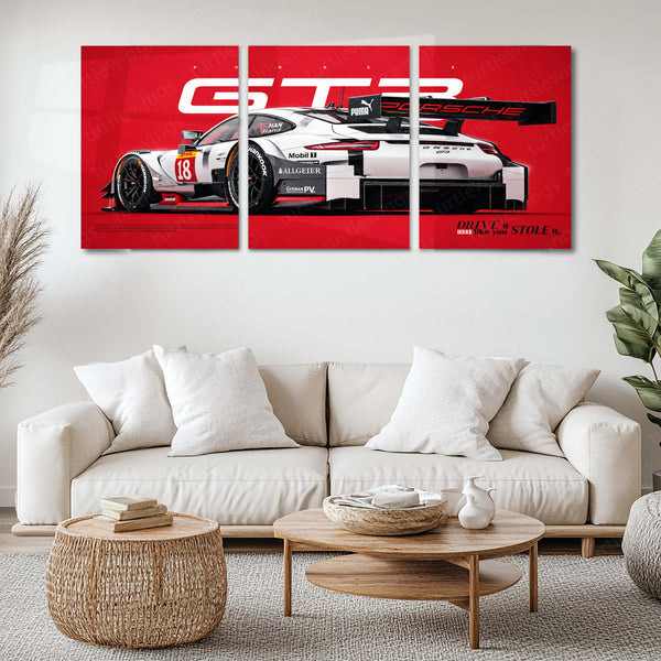 Car Metal Poster Set of 3 | Porsche 911 GT3 R | White Racing Supercar Triptych Wall Art | Premium Automotive Metal Print