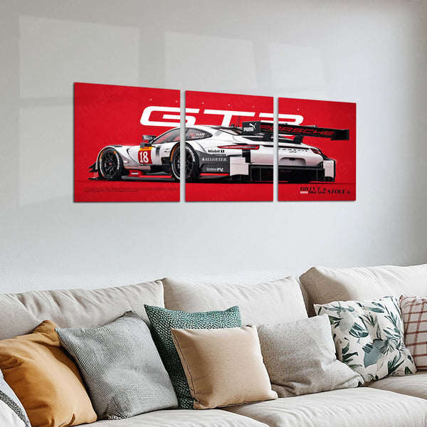 Car Metal Poster Set of 3 | Porsche 911 GT3 R | White Racing Supercar Triptych Wall Art | Premium Automotive Metal Print