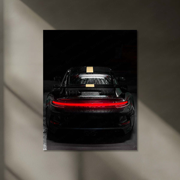 Porsche 911 GT3 Rear View – Black with Gold Stripe Neon LED Metal Poster | Supercar Wall Frame