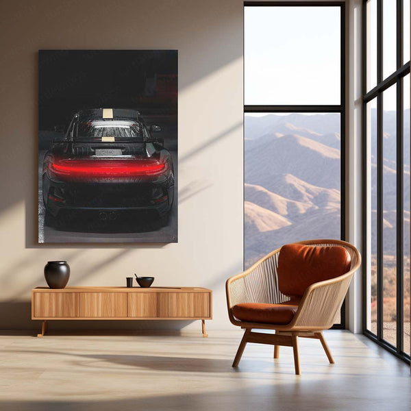 Porsche 911 GT3 Rear View – Black with Gold Stripe Neon LED Metal Poster | Supercar Wall Frame