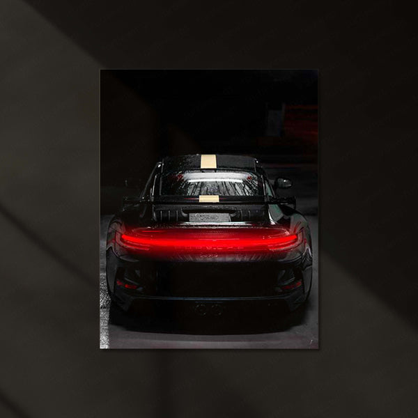 Porsche 911 GT3 Rear View – Black with Gold Stripe Neon LED Metal Poster | Supercar Wall Frame
