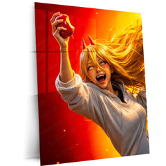 Anime Metal Poster | Power Chainsaw Man Anime Metal Poster | Fiery Red & Yellow Character Wall Art | Premium Metal Print