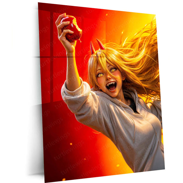Anime Metal Poster | Power Chainsaw Man Anime Metal Poster | Fiery Red & Yellow Character Wall Art | Premium Metal Print