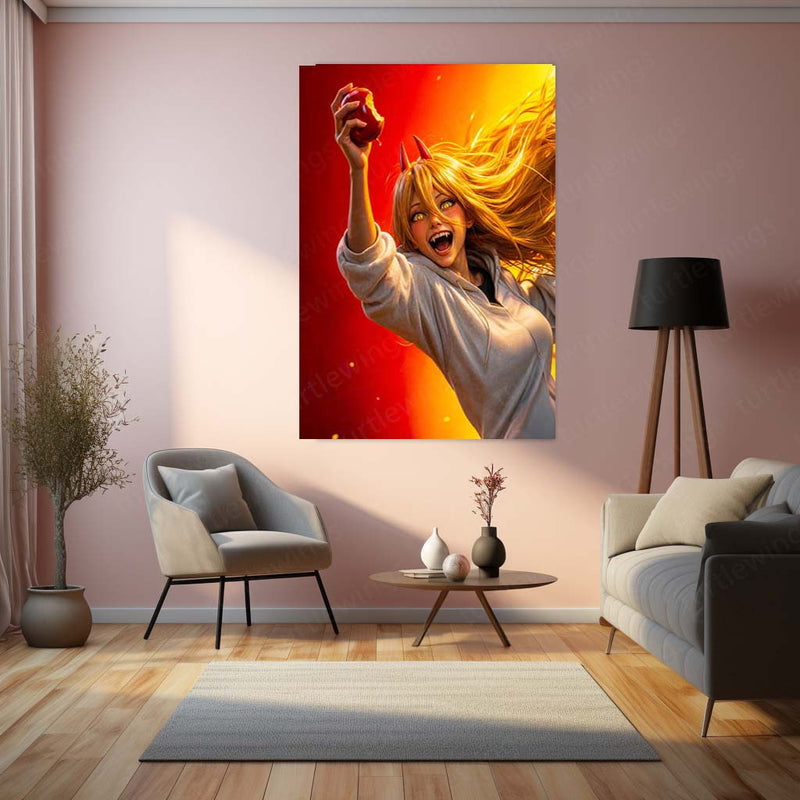 Anime Metal Poster | Power Chainsaw Man Anime Metal Poster | Fiery Red & Yellow Character Wall Art | Premium Metal Print