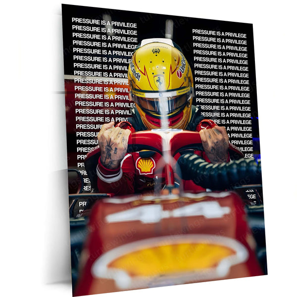 Quote Metal Poster | Lewis Hamilton – Pressure Is a Privilege Metal Frame Champion Mindset & Formula 1 Legacy Quote Wall Art | Elite Performance Motorsport Metal Poster