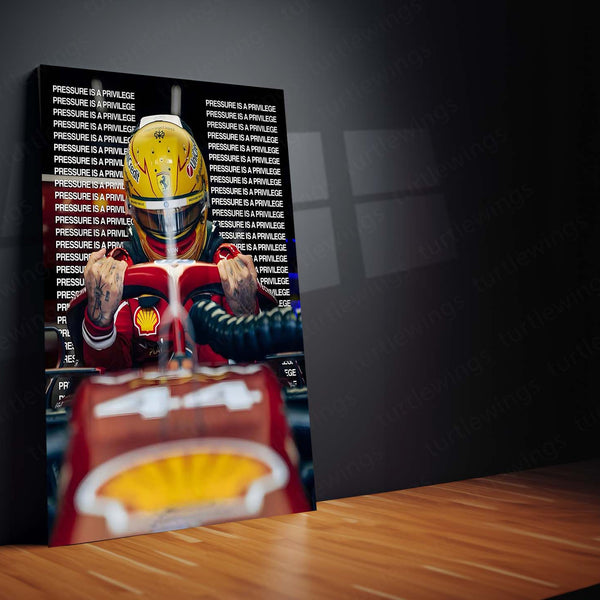 Quote Metal Poster | Lewis Hamilton – Pressure Is a Privilege Metal Frame Champion Mindset & Formula 1 Legacy Quote Wall Art | Elite Performance Motorsport Metal Poster