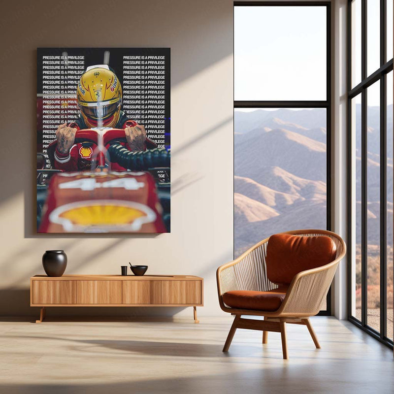 Quote Metal Poster | Lewis Hamilton – Pressure Is a Privilege Metal Frame Champion Mindset & Formula 1 Legacy Quote Wall Art | Elite Performance Motorsport Metal Poster