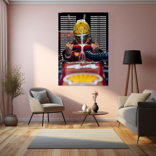 Quote Metal Poster | Lewis Hamilton – Pressure Is a Privilege Metal Frame Champion Mindset & Formula 1 Legacy Quote Wall Art | Elite Performance Motorsport Metal Poster
