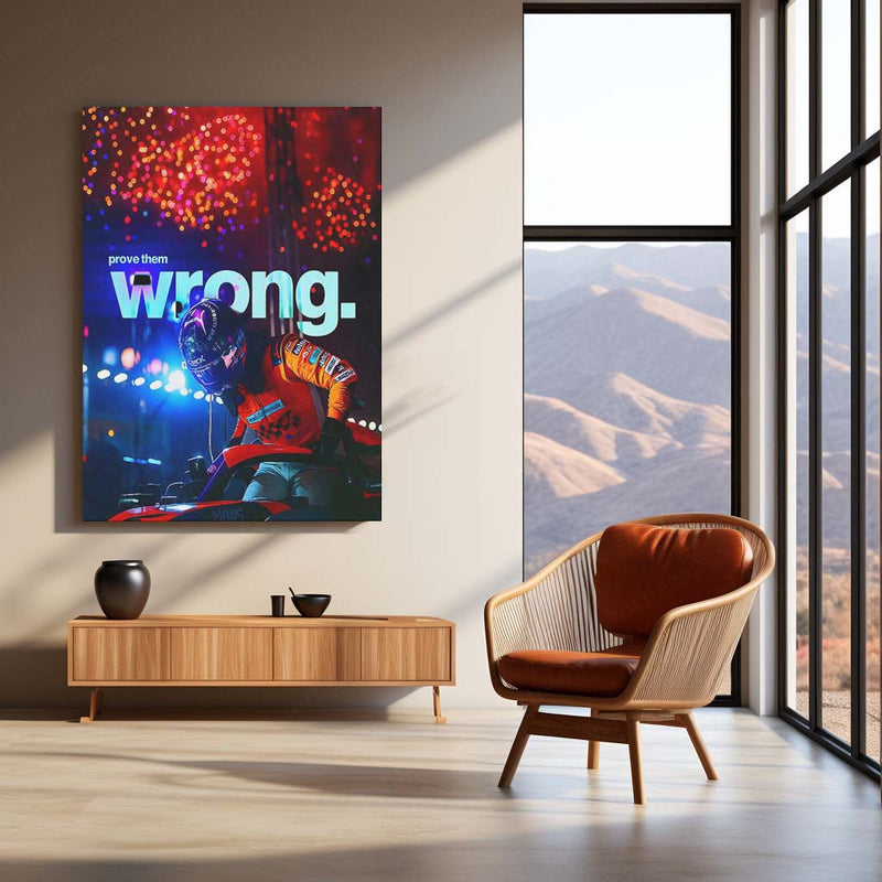 Quote Metal Poster | Lando Norris – Prove Them Wrong Metal Frame Modern F1 Grit & Comeback Mentality Quote Wall Art | High-Pressure Performance Motorsport Metal Poster