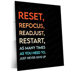 Quote Metal Poster | Reset Refocus Readjust Restart Motivational Metal Poster | Never Give Up Mindset Wall Art | Discipline & Resilience Metal Print