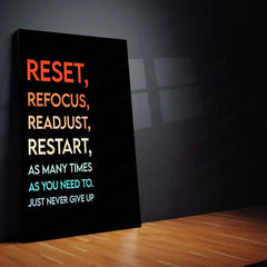 Quote Metal Poster | Reset Refocus Readjust Restart Motivational Metal Poster | Never Give Up Mindset Wall Art | Discipline & Resilience Metal Print